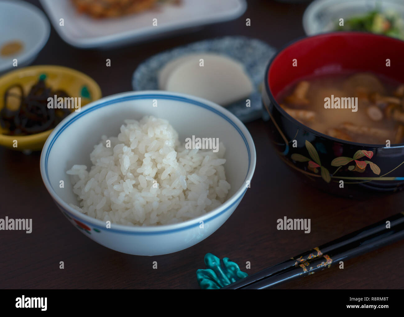 Lunch meal of Japanese cuisine in Yamagata, focused on the rice bowl. Japan. Stock Photo
