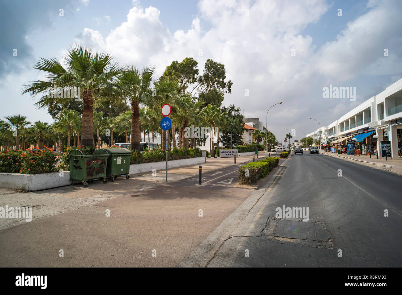 Deserted street of the beautiful resort town of Ayia NAPA in the early morning. Ayia NAPA. Cyprus. 20 October 2018 Stock Photo