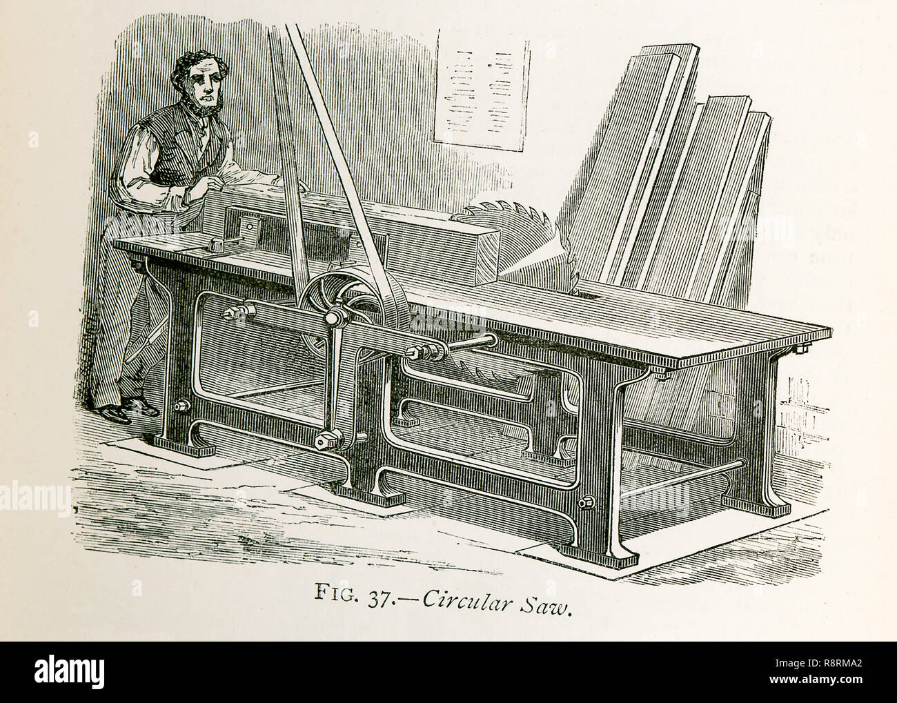 This illustration dates to the 1870s and showsa circular saw, a very effective machine for cutting pieces of wood of moderate dimensions. Here there is a steel disc, having its rim formed into teeth; and the disc is made to revolve with very great speed, in some cases making as many as five hundred turns in a minute, or more than eight in a second. On the bench is an adjustable straight guide, or fence, and when this has been fixed, the workman has only to press the piece of wood against it, and push the wood at the same time towards the saw, which cuts it at a very rapid rate. Sometimes the c Stock Photo