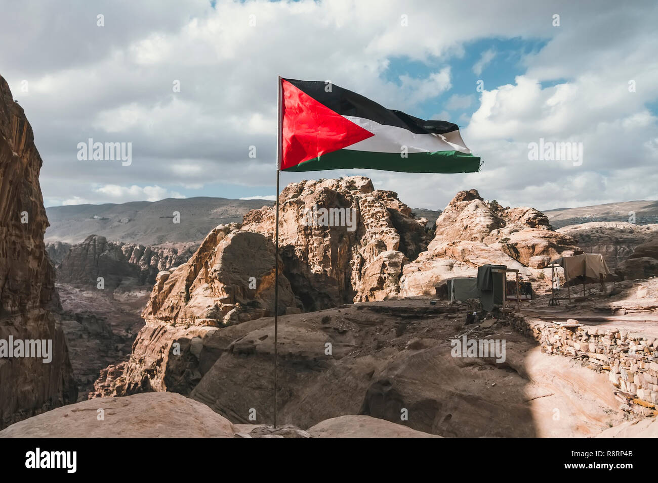 Palestine Flag on the top of mountain in Palestine, Stock Photo