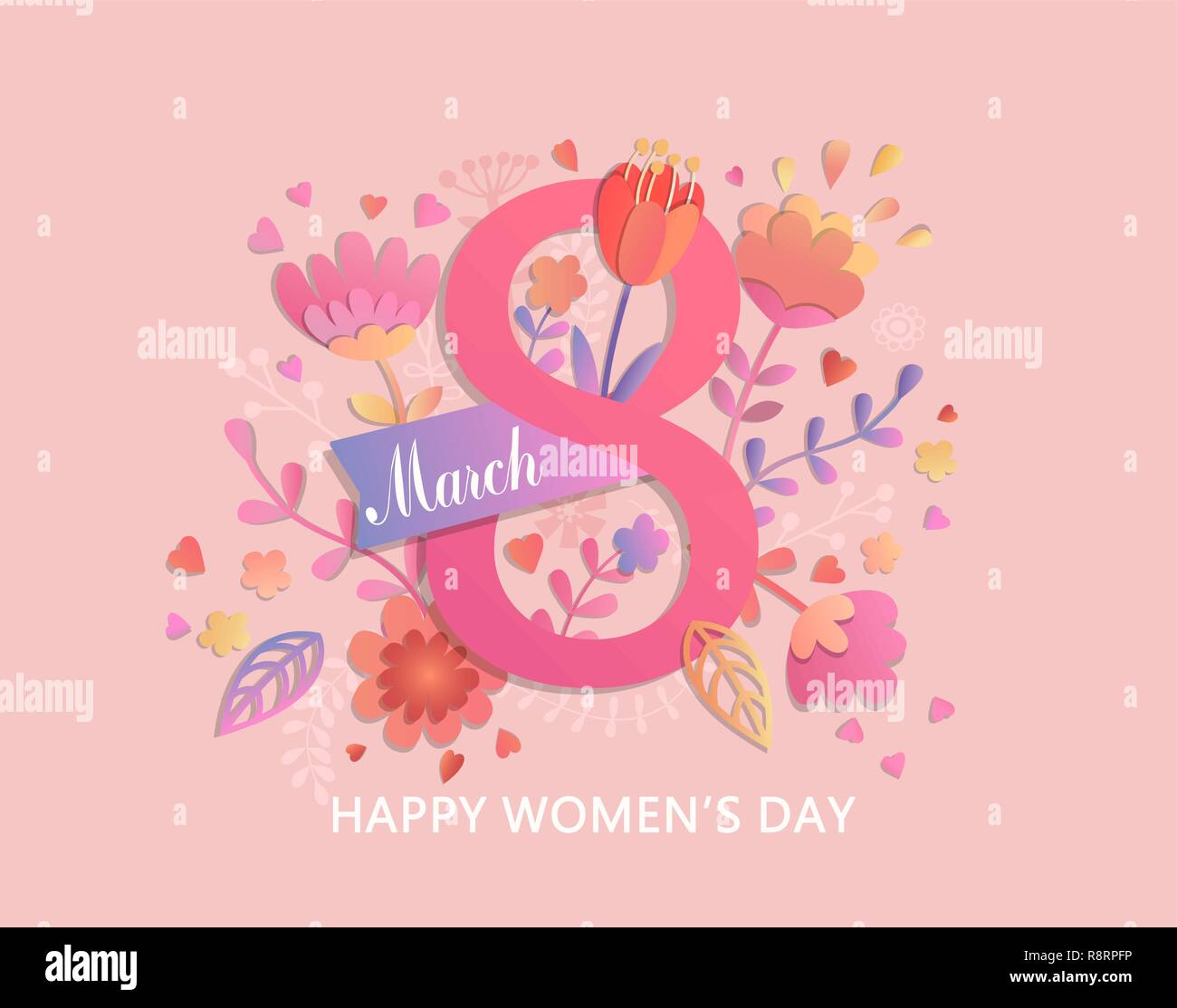 International Women's Day. Banner, flyer for March 8 decorating by paper flowers and ribbon. Congratulating and wishing happy holiday card for newsletter, brochures, postcards. Vector illustration. Stock Vector