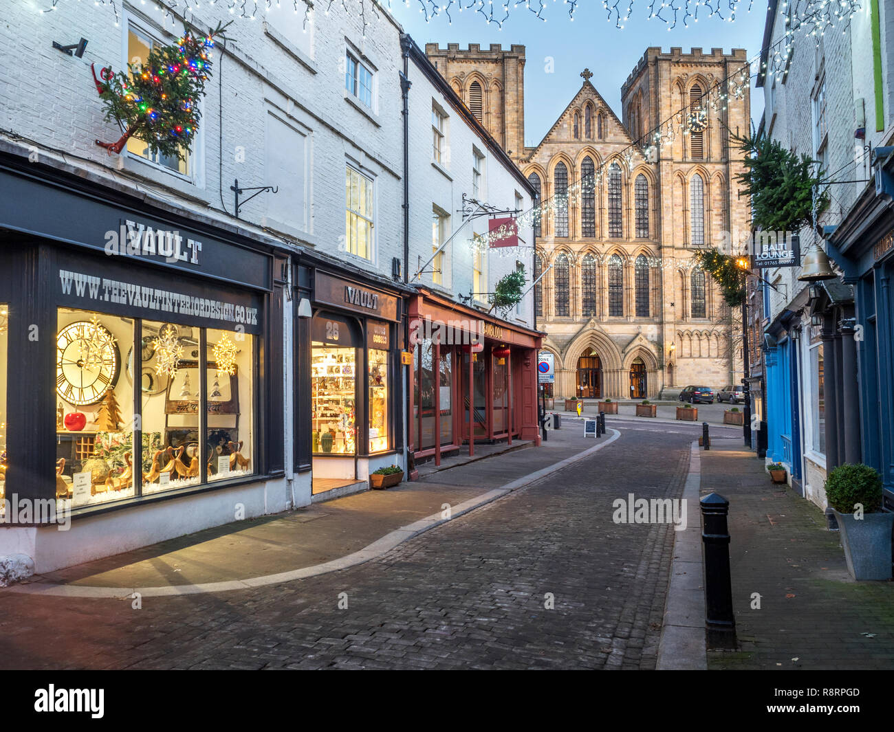 Christmas Lights across Kirkgate in Ripon with Ripon Cathedral beyond