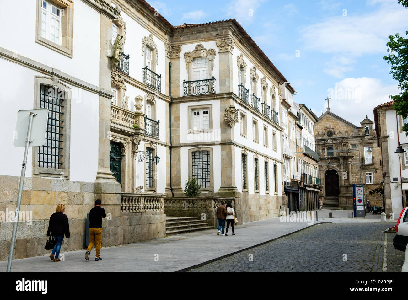 Braga, Portugal - May 13, 2018 : We can see from the right side, Public Library of Braga to the bottom church of the Misericórdia of Braga, Portugal. Stock Photo