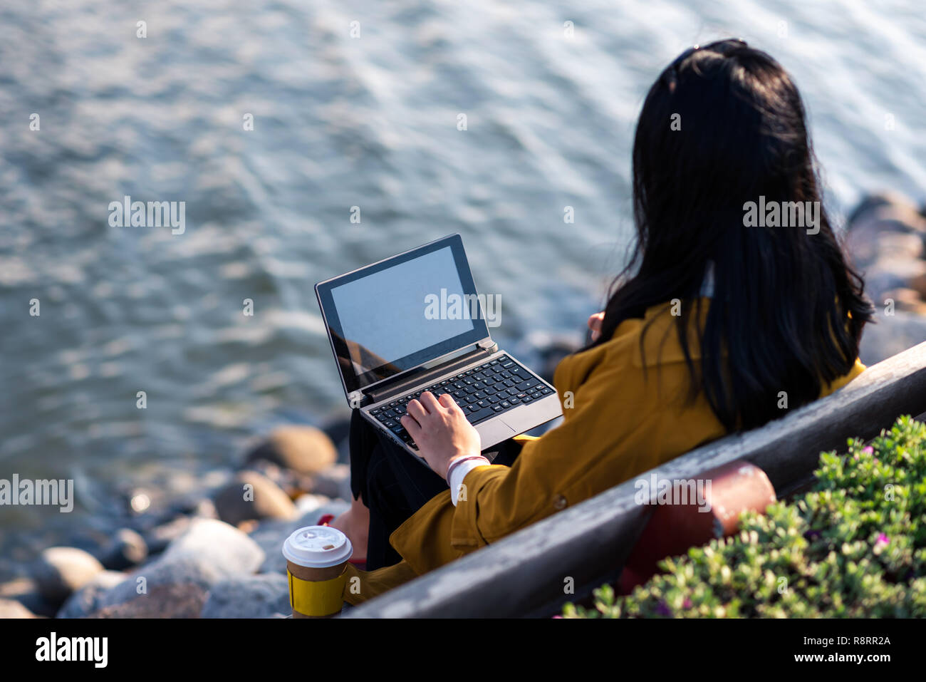 Girl working on laptop outside by the lake Stock Photo