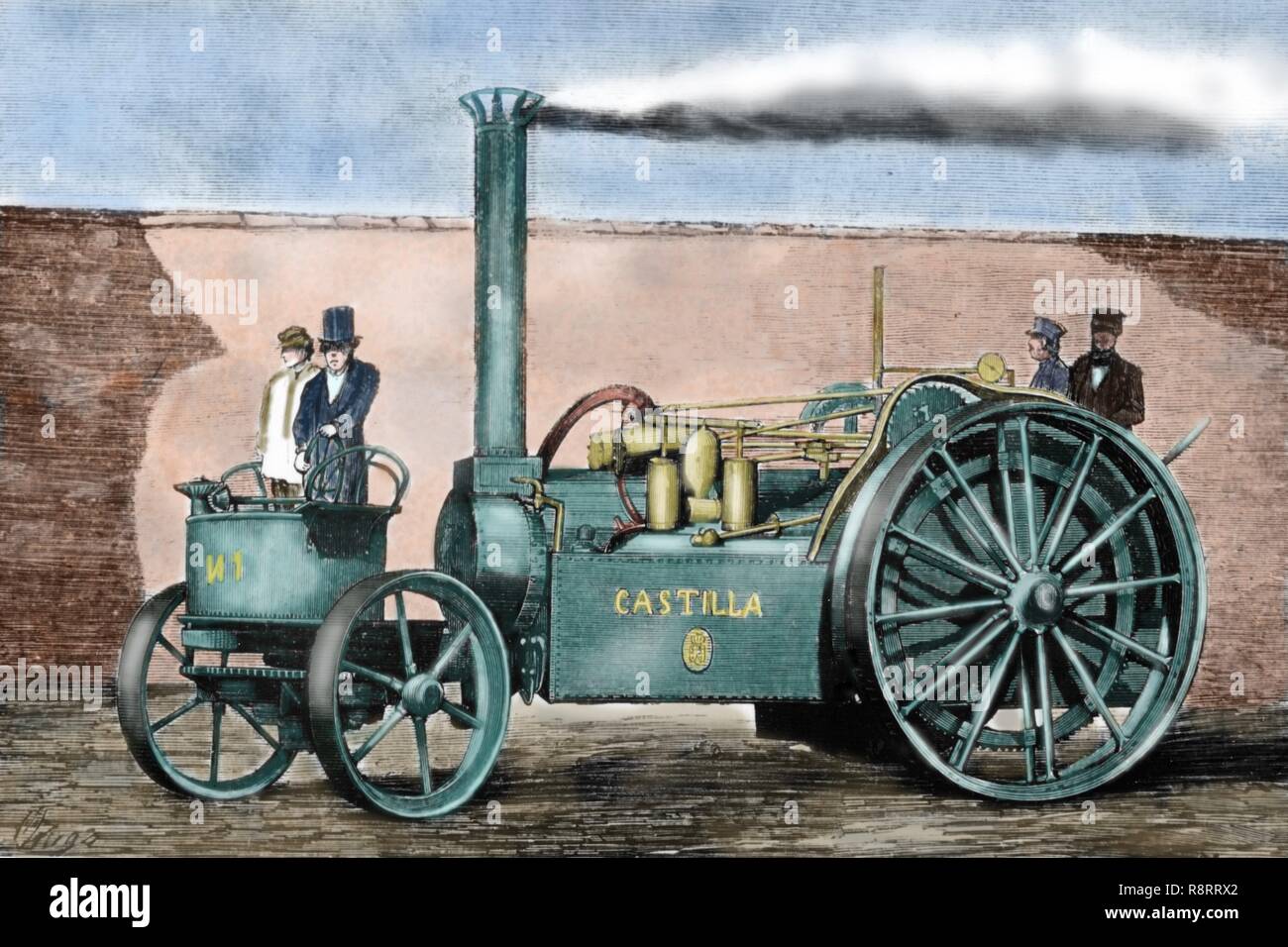 Spanish traction engine 'Castilla'  by Pedro de Ribera. It transports 4 people from Valladolid to Madrid, covering over 200 kilometers in 20 days in 1860. Stock Photo