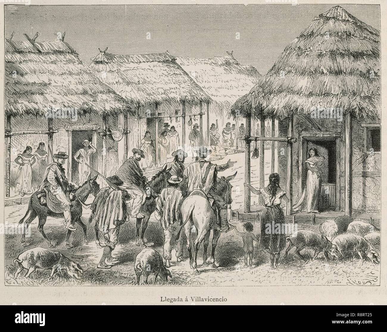 LLEGADA A VILLAVICENCIO - CAMINOS REALES DE COLOMBIA - GRABADO TOMADO DE AMERICA PINTORESCA - TOMO 3 - 1884. Author: Riou. Location: PRIVATE COLLECTION. Stock Photo