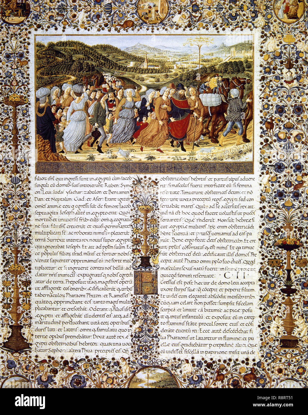 Urbinate Bible (1476-78). The Exodus. The departure of the Israelites from Egypt under the leadership of Moses to free them from slavery. Commissioned by Federico da Montefeltro and scribed by Hugues de Comminellis de Mazieres. Vatican Library. Stock Photo