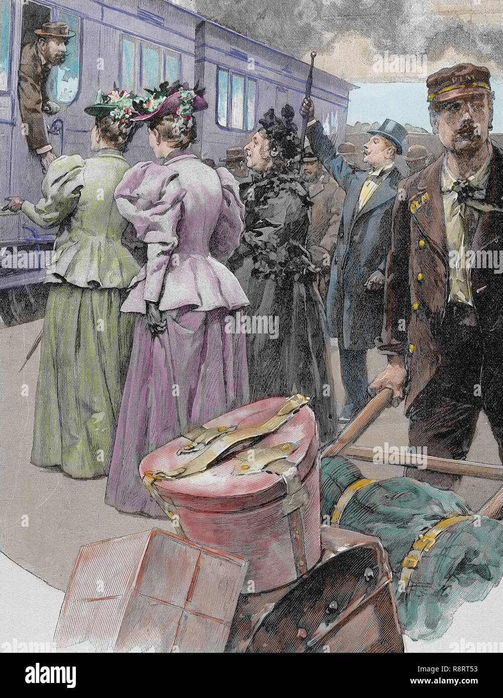 Platform at a railway station. Late 19th century. Drawing by Marchetti. Colored. Stock Photo