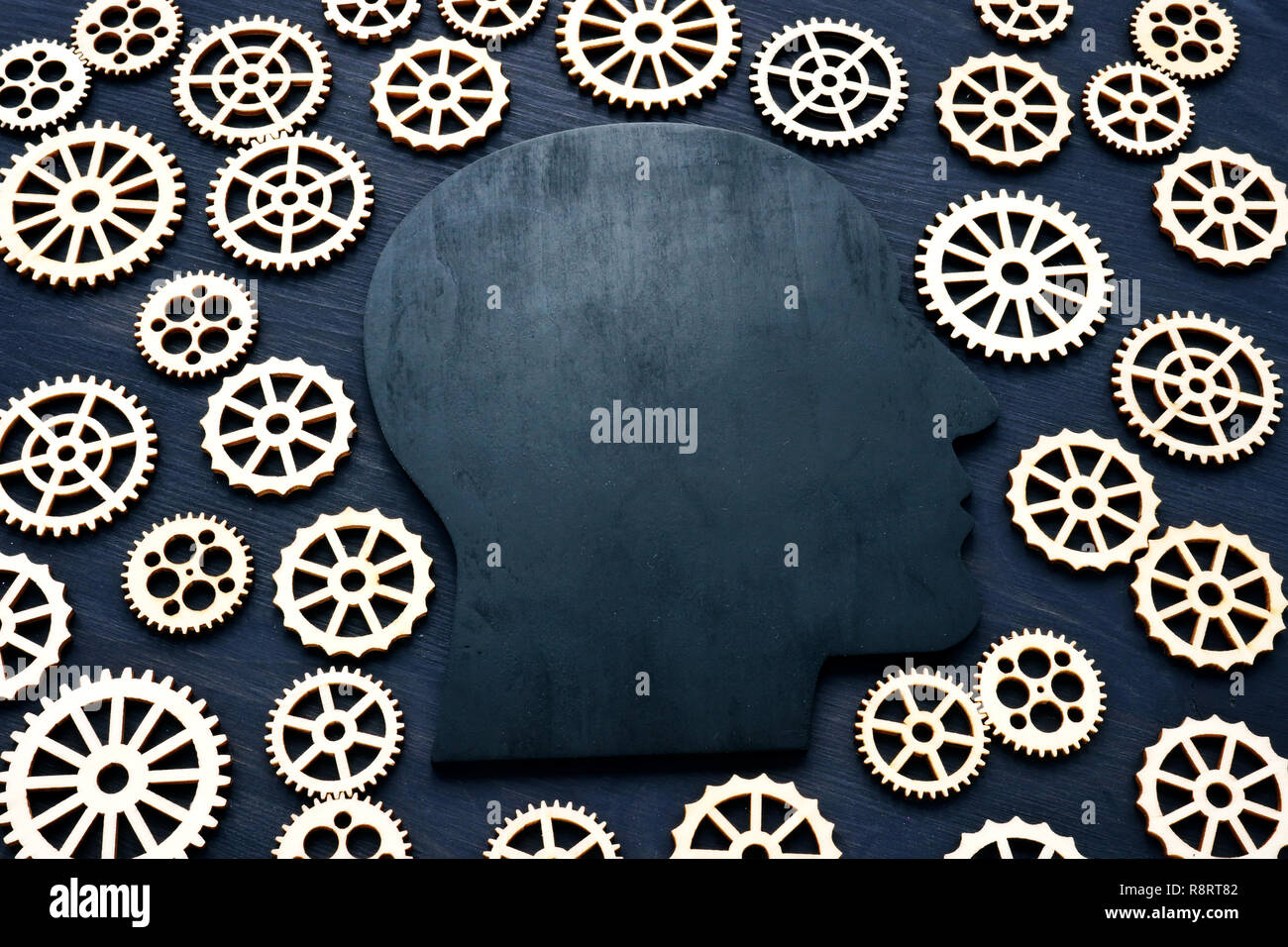 Emotional quotient EQ. Head silhouette and gears around. Stock Photo