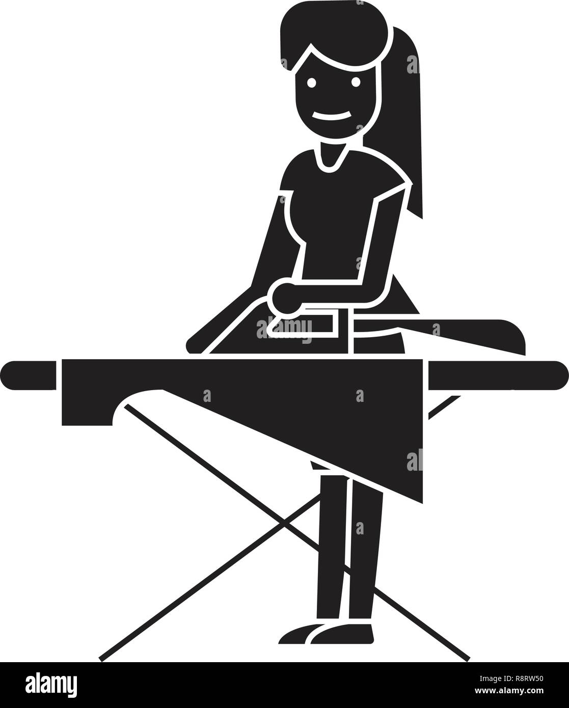 Woman ironing black vector concept icon. Woman ironing flat illustration, sign Stock Vector