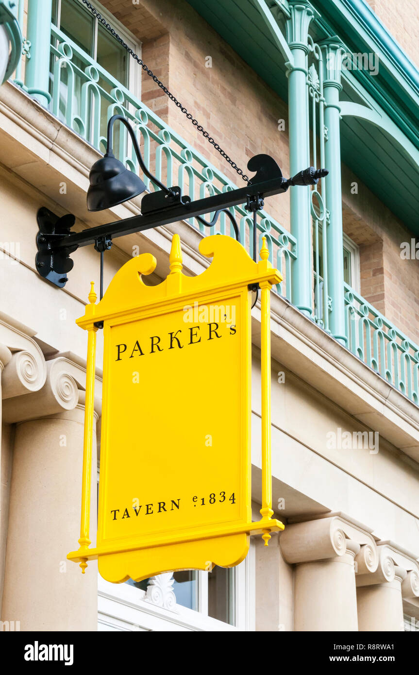 Sign for Parker's Tavern, a restaurant and bar within the University Arms hotel on the corner of Parker’s Piece, Cambridge. Stock Photo