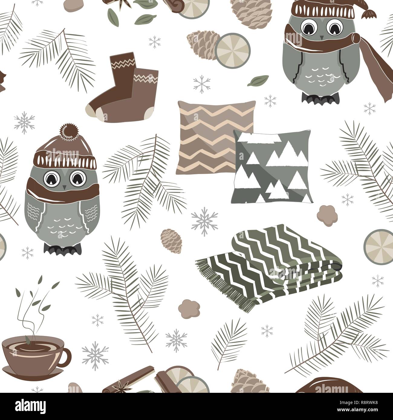 Vector seamless pattern with cute sport owls and fir trees Stock Vector ...