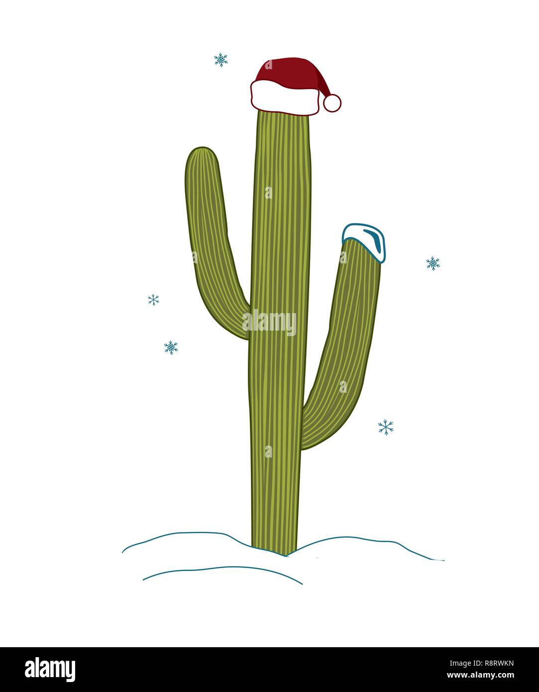 Saguaro Cactus wear santa hat for christmas. Christmas tree in tropical climate concept. Vector. Stock Vector