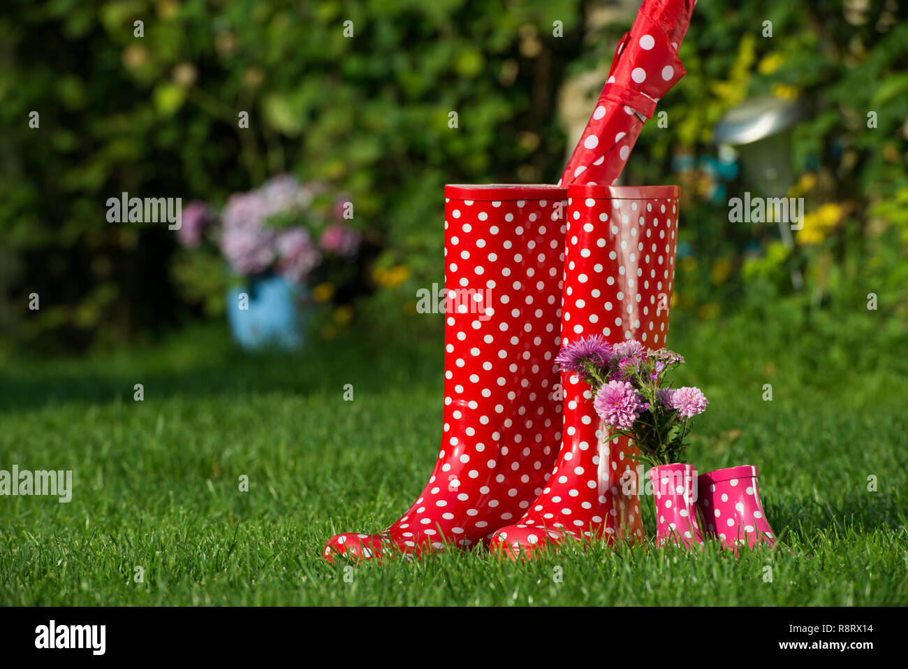 Rubber boots in a meadow Stock Photo - Alamy