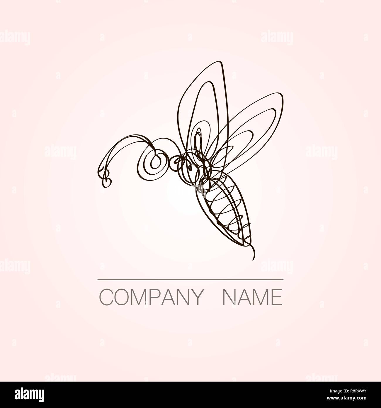 Continuous line bee logo design. Hand drawn vector emblem. Stock Vector