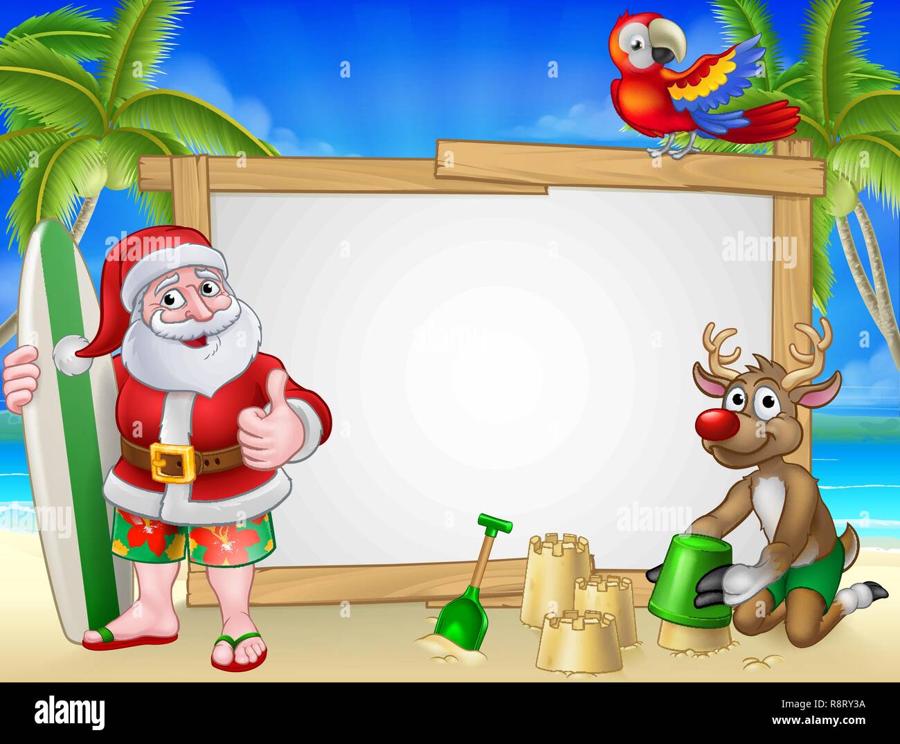 Santa Claus and Reindeer Christmas Beach Sign Stock Vector