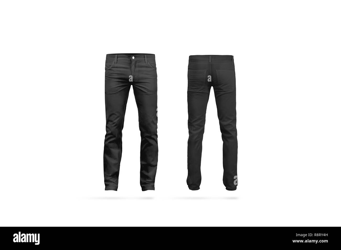 Blank black mens pants mock up, isolated, front and back side view. Empty classic male trousers mockup. Clear denim clothing for work template. Casual jeans for office uniform. Stock Photo