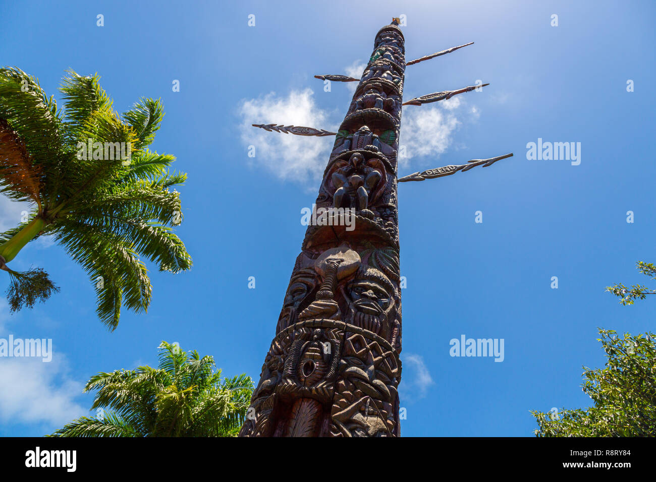 Noumea, New Caledonia. Mwâ Ka (Mwa Ka, Big House or House of Man), monumental 12-meter kanak totem pole erected in city centre Noumea, commemorating French annexation of New Caledonia. Stock Photo
