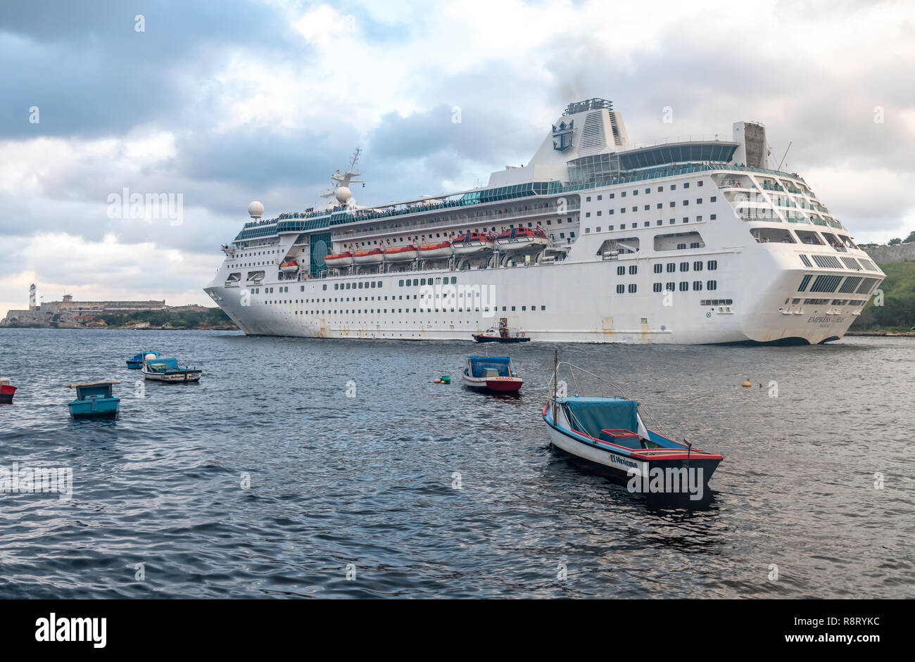 The huge cruise ship Empress of the Seas leaving Havana's tiny dock and sailing along the Canal de Entrada, Cuba. Stock Photo