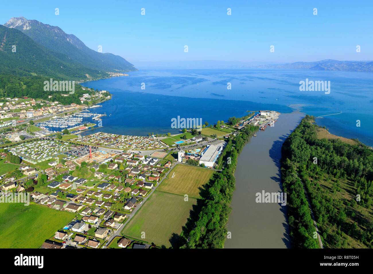 Switzerland, canton of Vaud district of Aigle and canton of Valais, district of Monthey, Port Valais, Lake Geneva, mouth of the Rhone (aerial view) Stock Photo