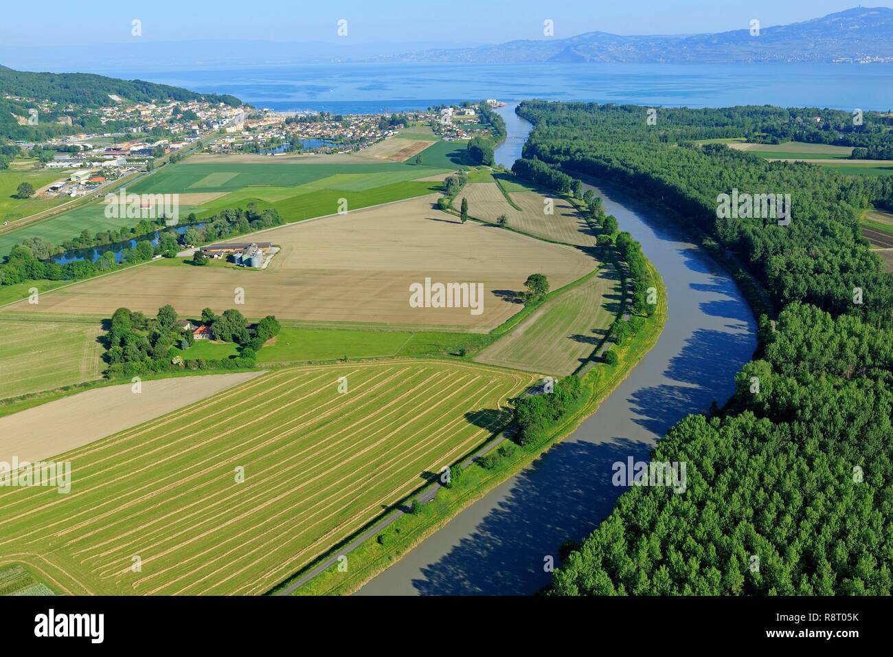 Switzerland, Valais canton, Monthey district, Port Valais, The Rhone, Lake Geneva in the background (aerial view) Stock Photo