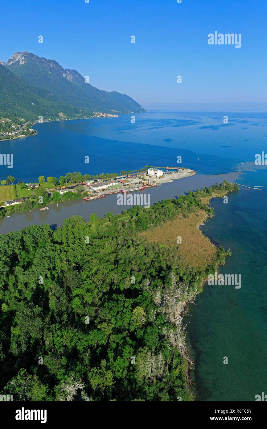 Switzerland, canton of Vaud district of Aigle and canton of Valais,  district of Monthey, Noville, Lake Geneva, mouth of the Rhone, Port Valais  on the left (aerial view Stock Photo - Alamy