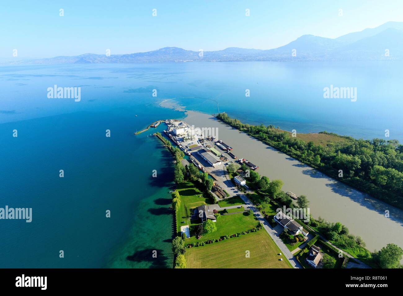 Switzerland, canton of Valais, district of Monthey, Port Valais, Lake Geneva, mouth of the Rhone (aerial view) Stock Photo