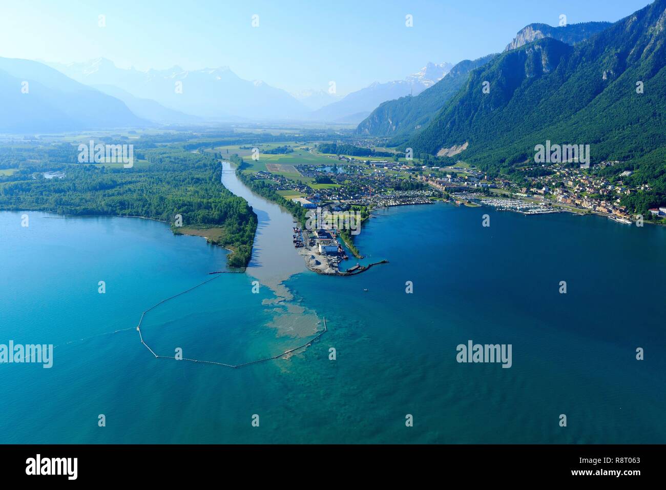 Switzerland, canton of Vaud district of Aigle and canton of Valais, district of Monthey, Noville, Lake Geneva, mouth of the Rhone, Port Valais on the right (aerial view) Stock Photo