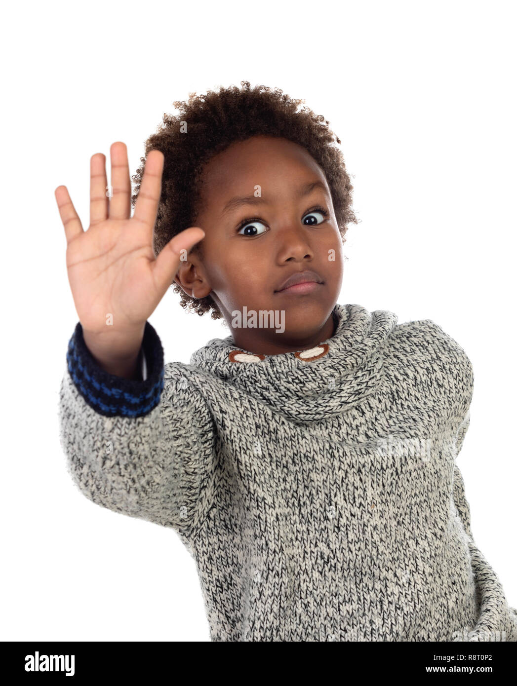 Funny african child saying Stop with his hand isolated on a white