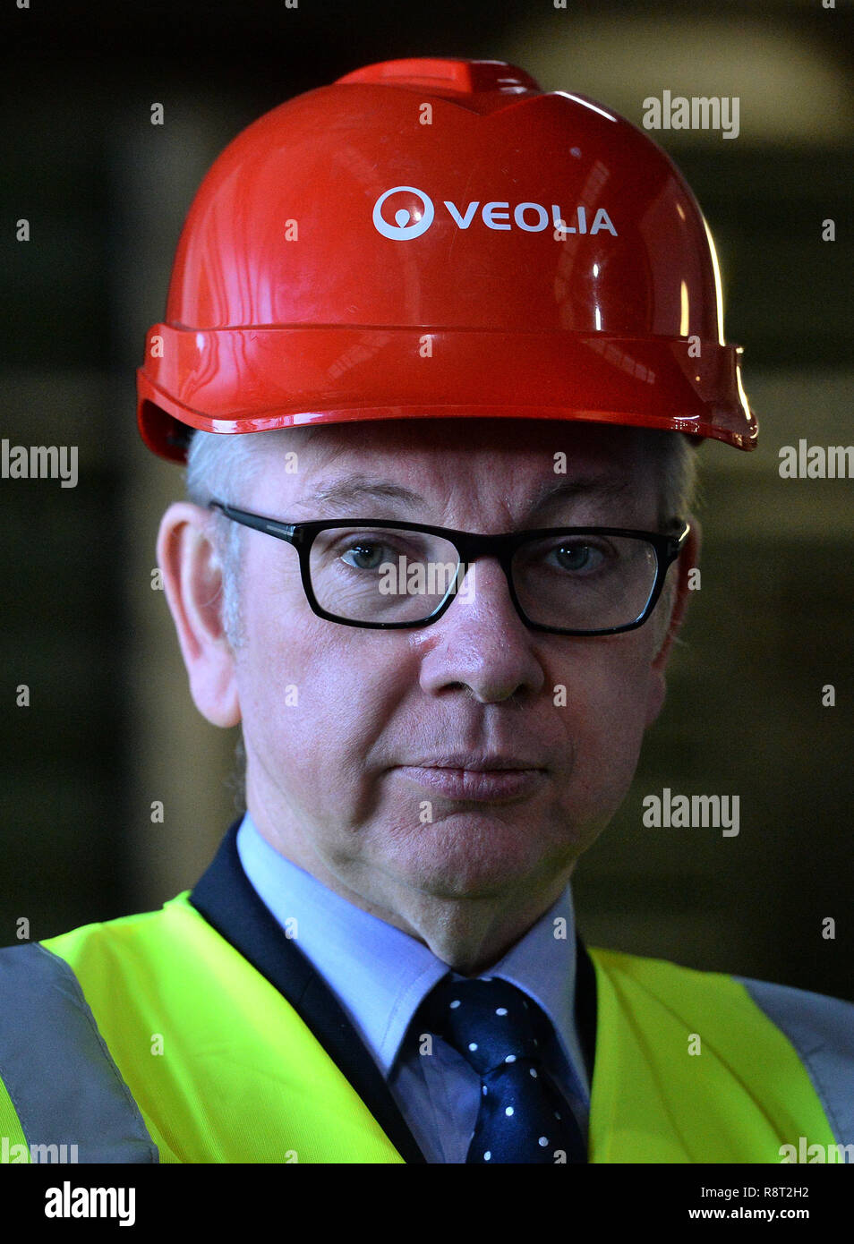 Environment Secretary Michael Gove visits the Veolia Integrated Waste Management Facility in Southwark, south London, ahead of next week's launch of the government's Resources and Waste Strategy. Stock Photo