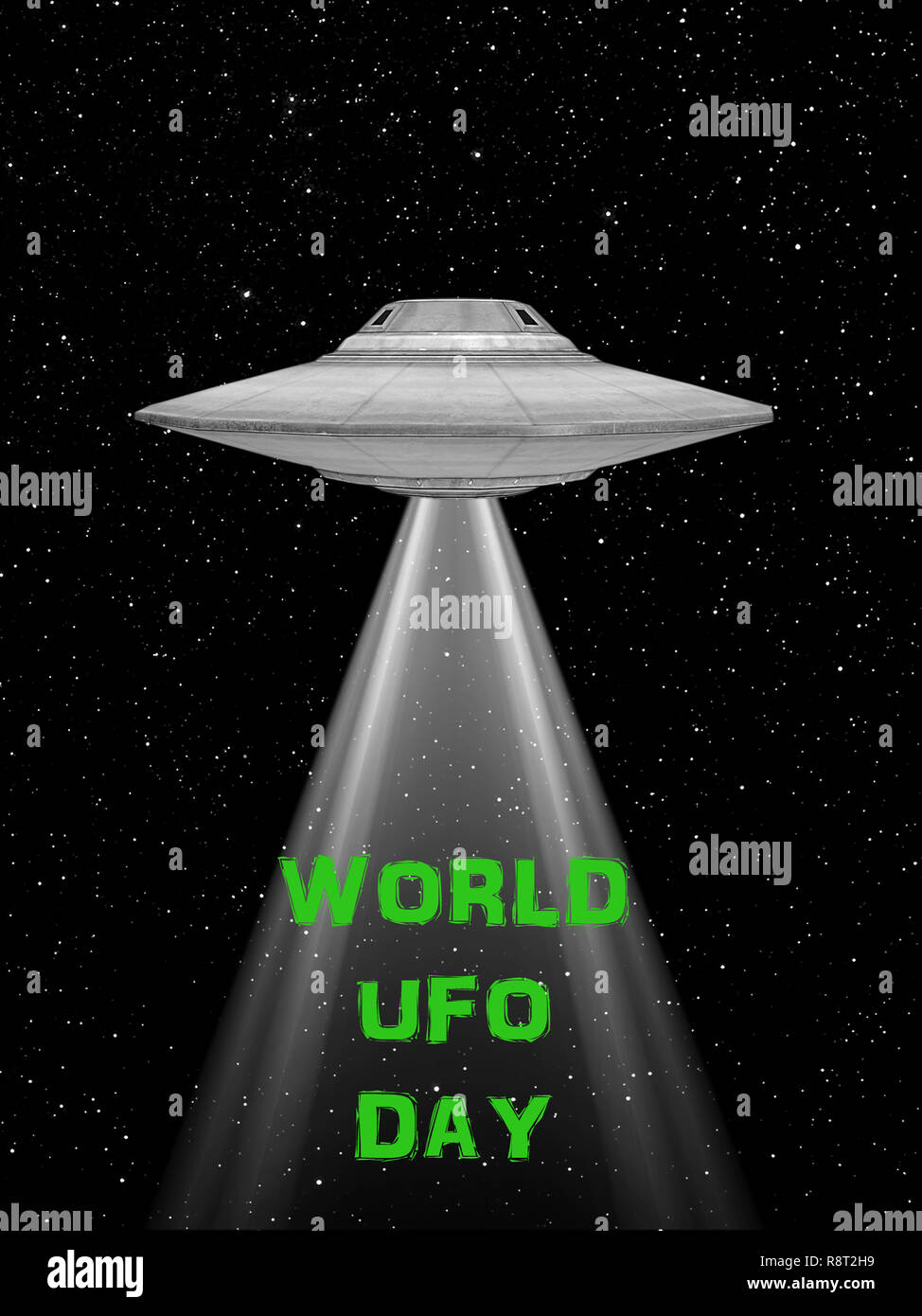 of Ufo flying spaceship. World UFO Day. Flying saucer. Stock Photo