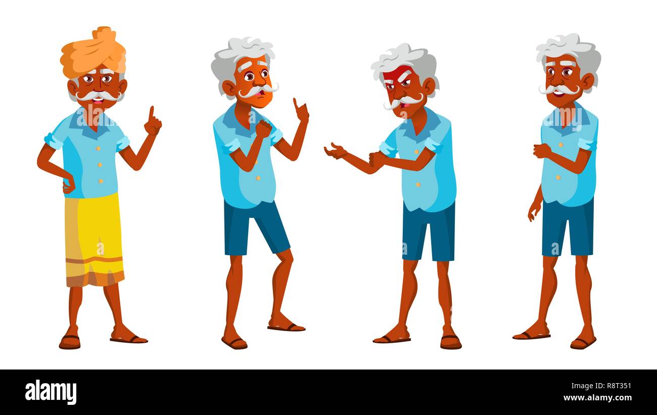 Indian Old Man Poses Set Vector. Elderly People. Senior Person. Hindu. Asian. Aged. Smile. Web, Poster, Booklet Design. Isolated Cartoon Illustration Stock Vector
