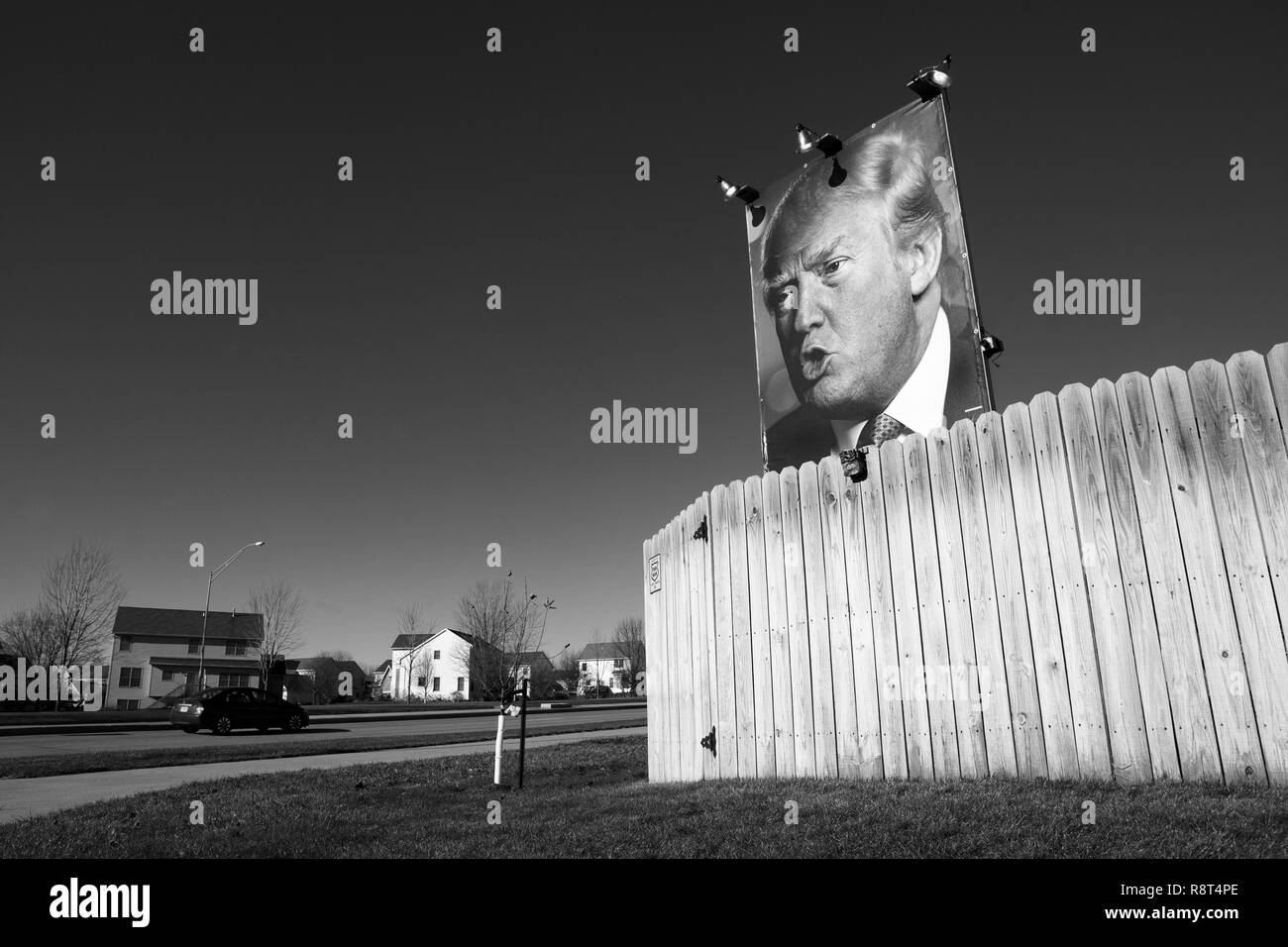Des Moines, Iowa, United States, December 10, 2015: An ardent supporter of Donald Trump put up his own billboard at his home in West Des Moines, Iowa. Stock Photo