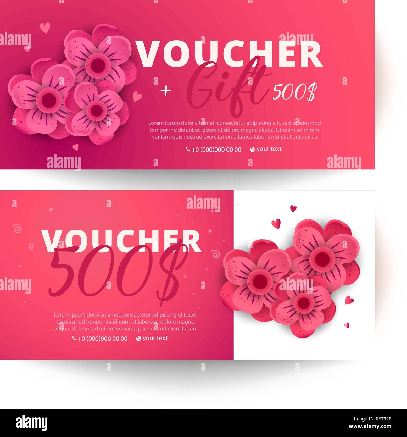 Set of colorful gift vouchers with flowers on white background. Modern