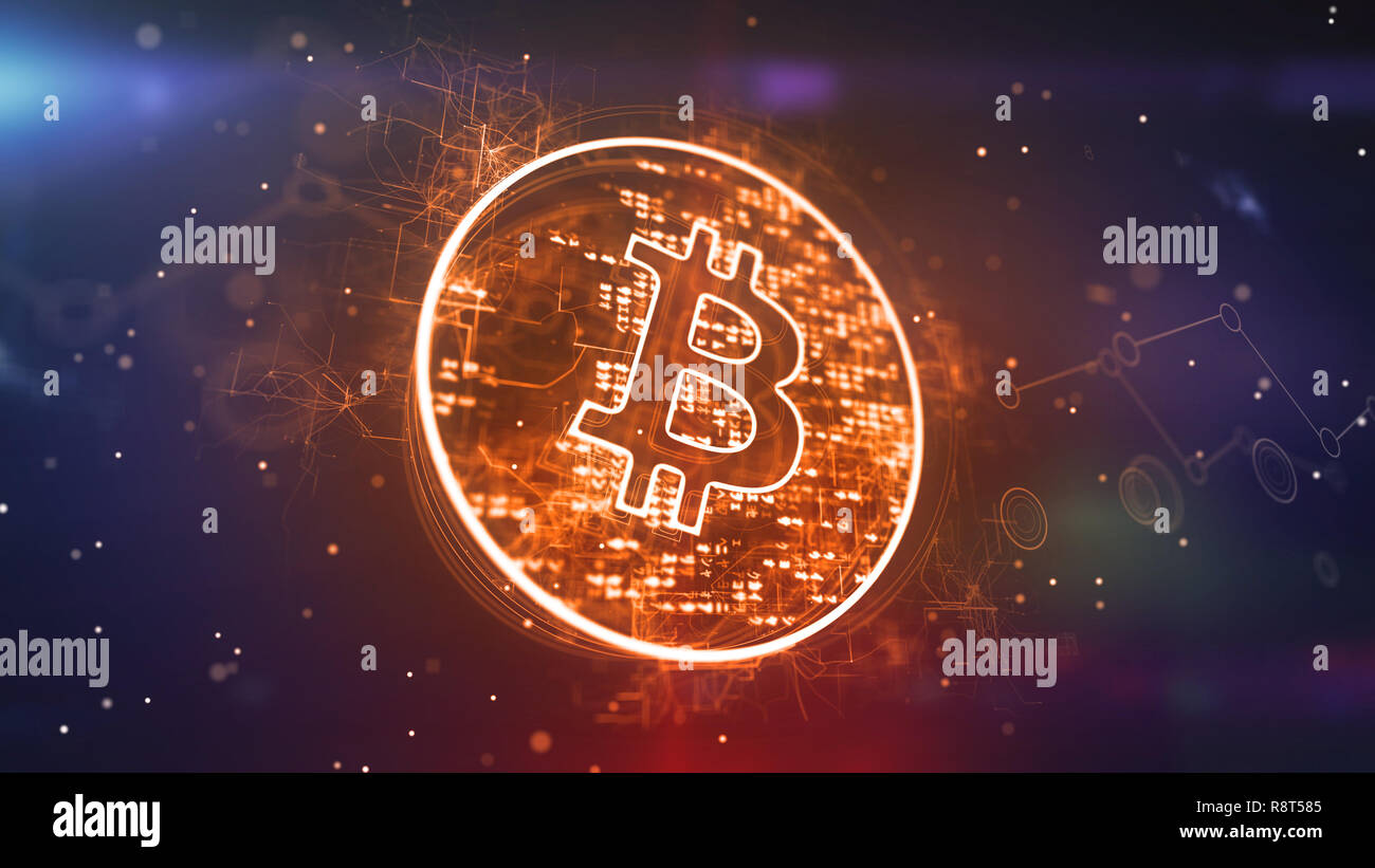 Optical art 3d illustration of a bitcoin sign located in a shining golden  circle with pixelsn in the violet background. It looks advanced and  optimist Stock Photo - Alamy