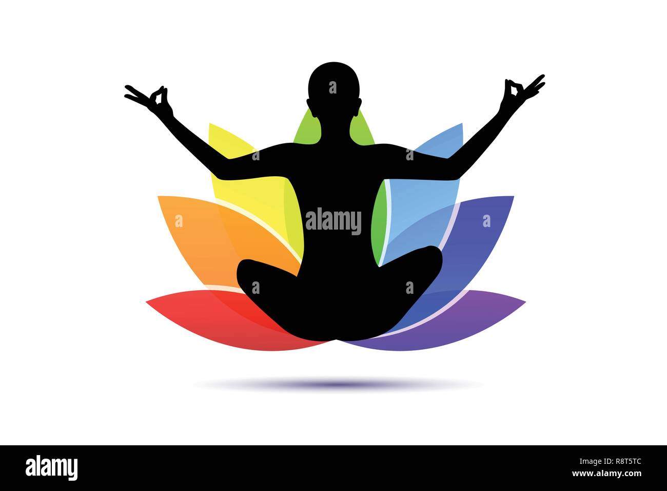 young person sitting in yoga meditation lotus position silhouette with lily in rainbow colors vector illustration EPS10 Stock Vector
