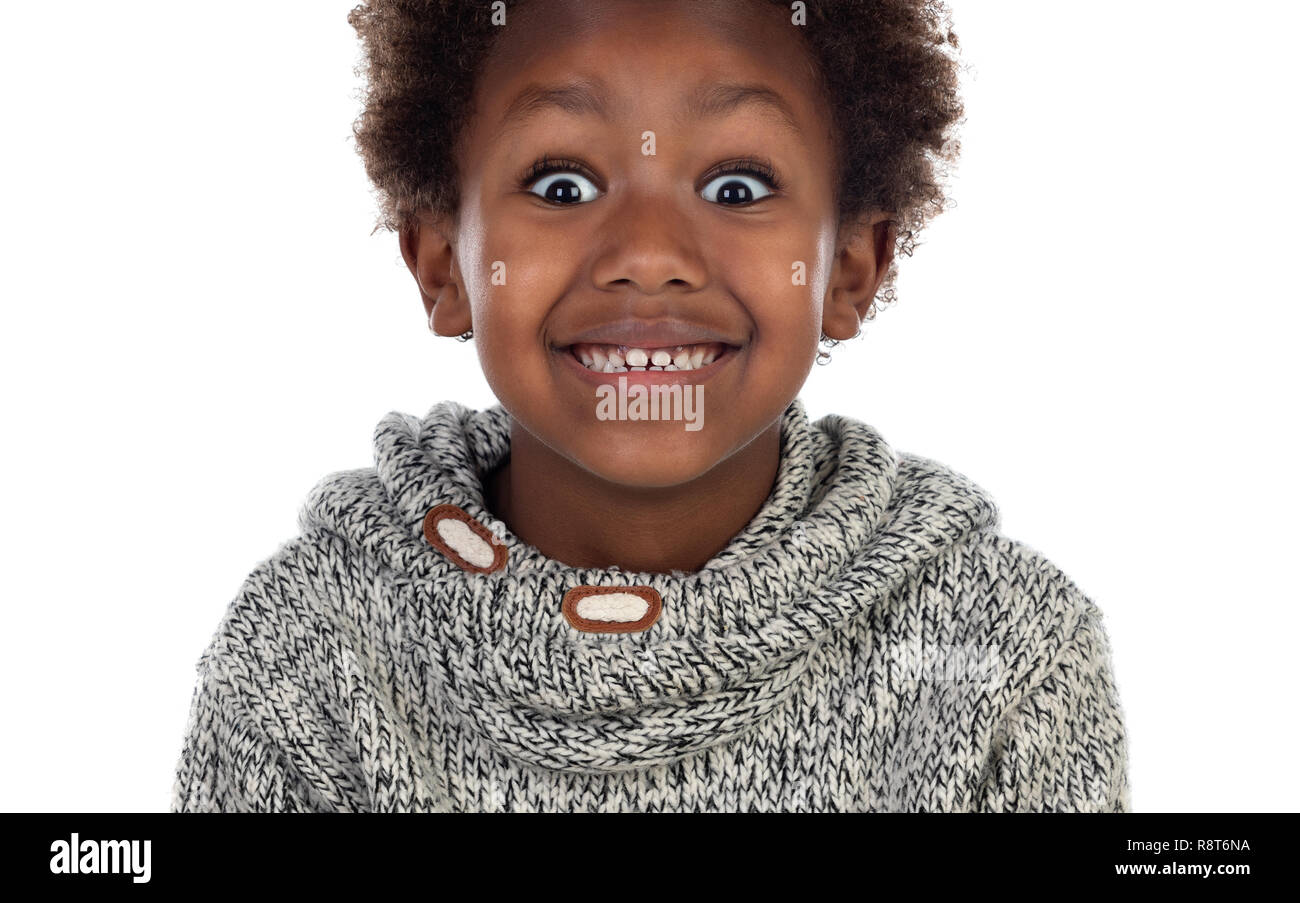 Funny expression of a small african child isolated on a white ...