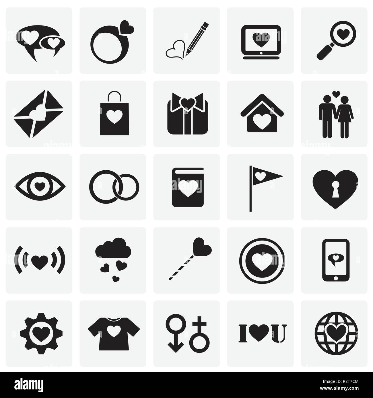 Valentines day icons set on squares background for graphic and web design, Modern simple vector sign. Internet concept. Trendy symbol for website design web button or mobile app. Stock Vector