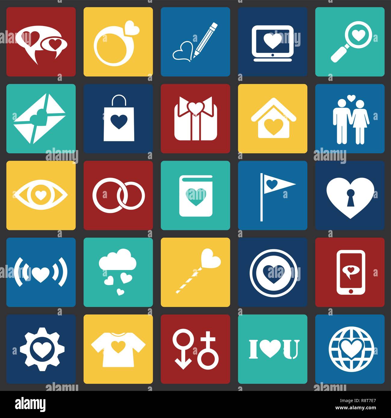 Valentines day icons set on color squares background for graphic and ...