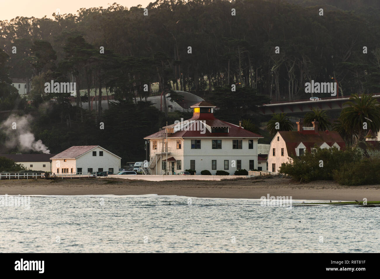 Greater Farallones building seen from Torpedo Wharf at sunrise in San Francisco Stock Photo