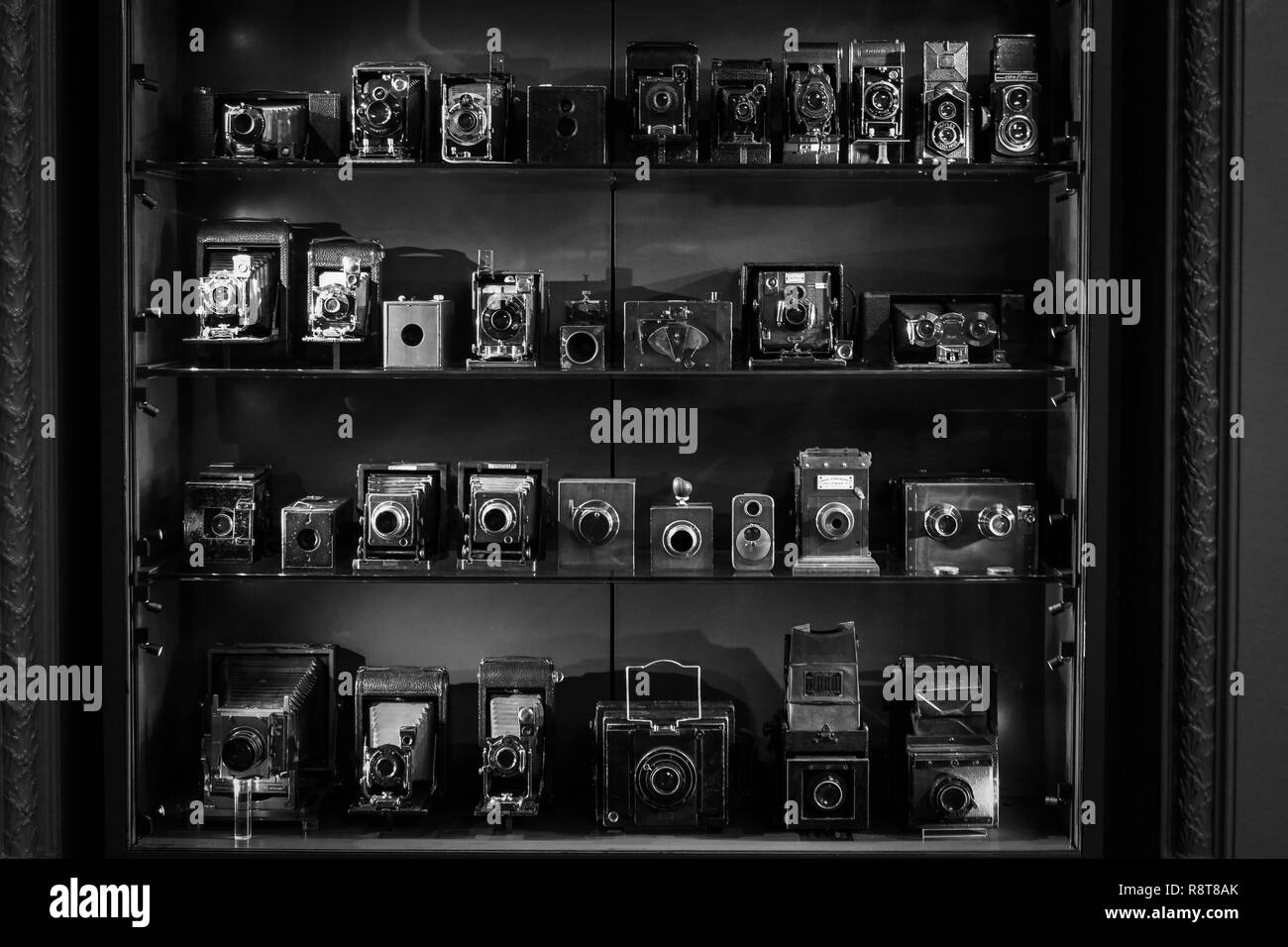 A display of old and antique cameras at The Victoria and Albert Museum, London Stock Photo