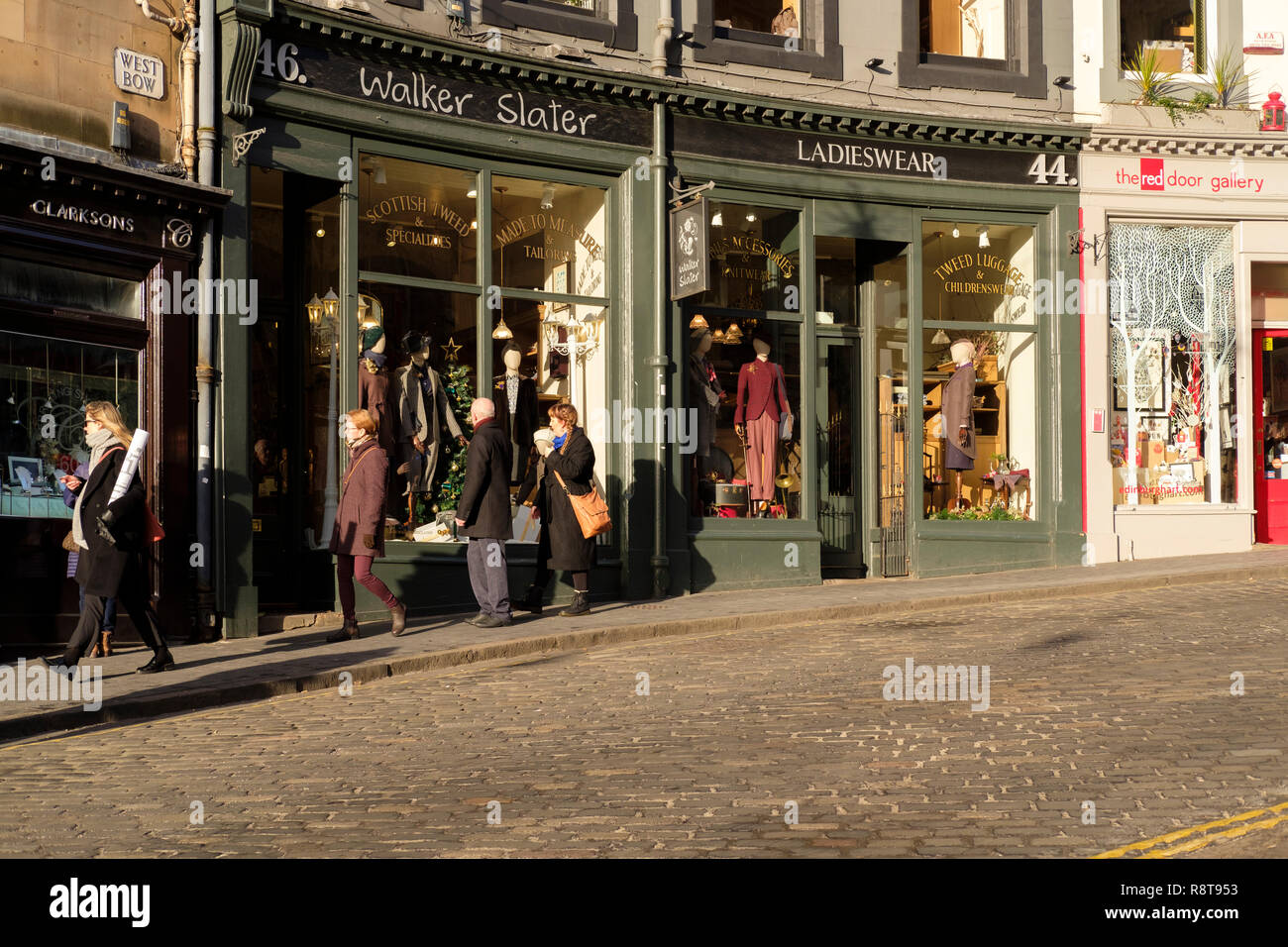 Shops in the West Bow at the lower end of Victoria Street, in Edinburgh