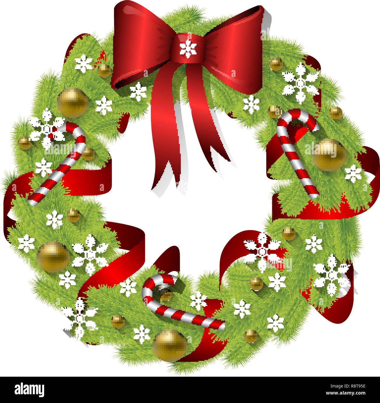 Christmas wreath of fir branches with a bow, golden balls, red ribbon ...