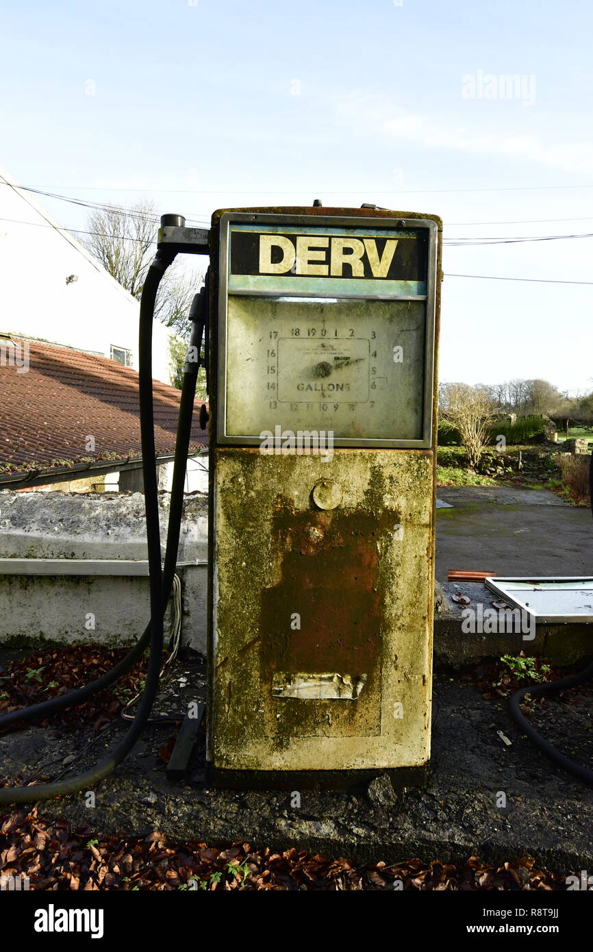 Very old petrol and derv (diesel) pumps seen on the Mendips in Somerset. Robert Timoney..Alamy/Stock/Image Stock Photo