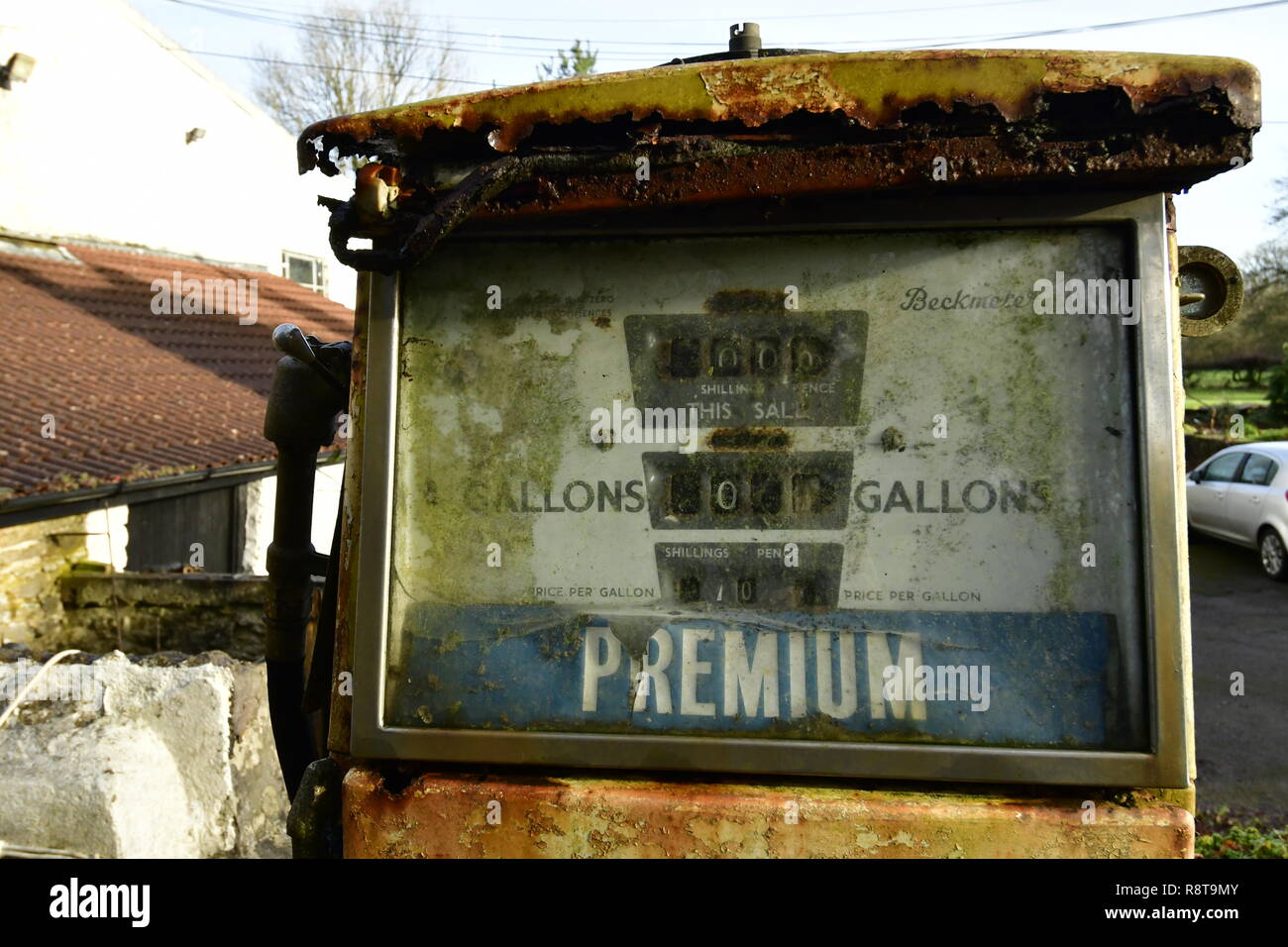 Very old petrol and derv (diesel) pumps seen on the Mendips in Somerset. Robert Timoney..Alamy/Stock/Image Stock Photo