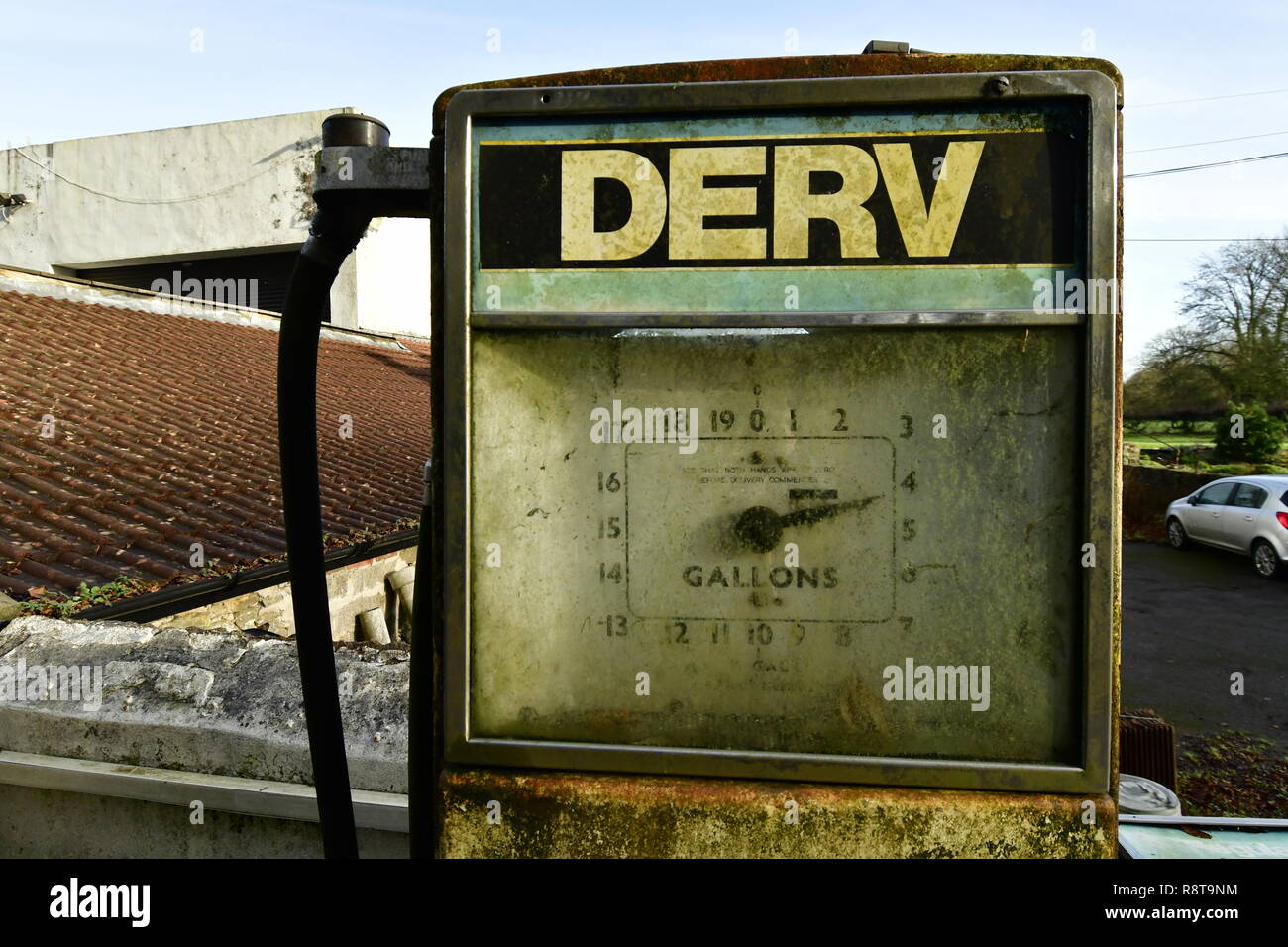 Very old petrol and derv (diesel) pumps seen on the Mendips in Somerset. Robert Timoney..Alamy/Stock/Image Stock Photo