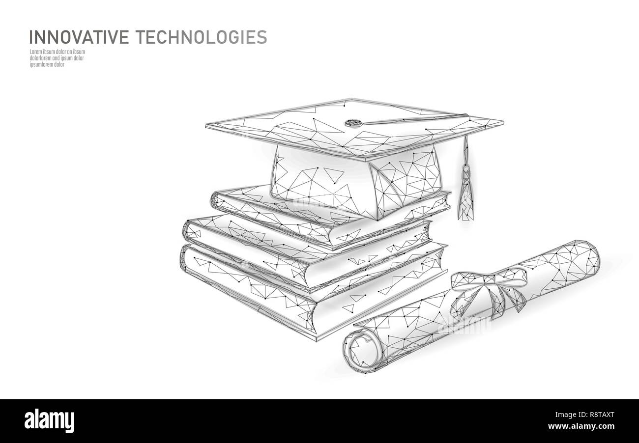 E-learning distant graduate certificate program concept. Low poly 3D render graduation cap, books, diploma polygonal modern design banner template. Internet education course degree vector illustration Stock Vector