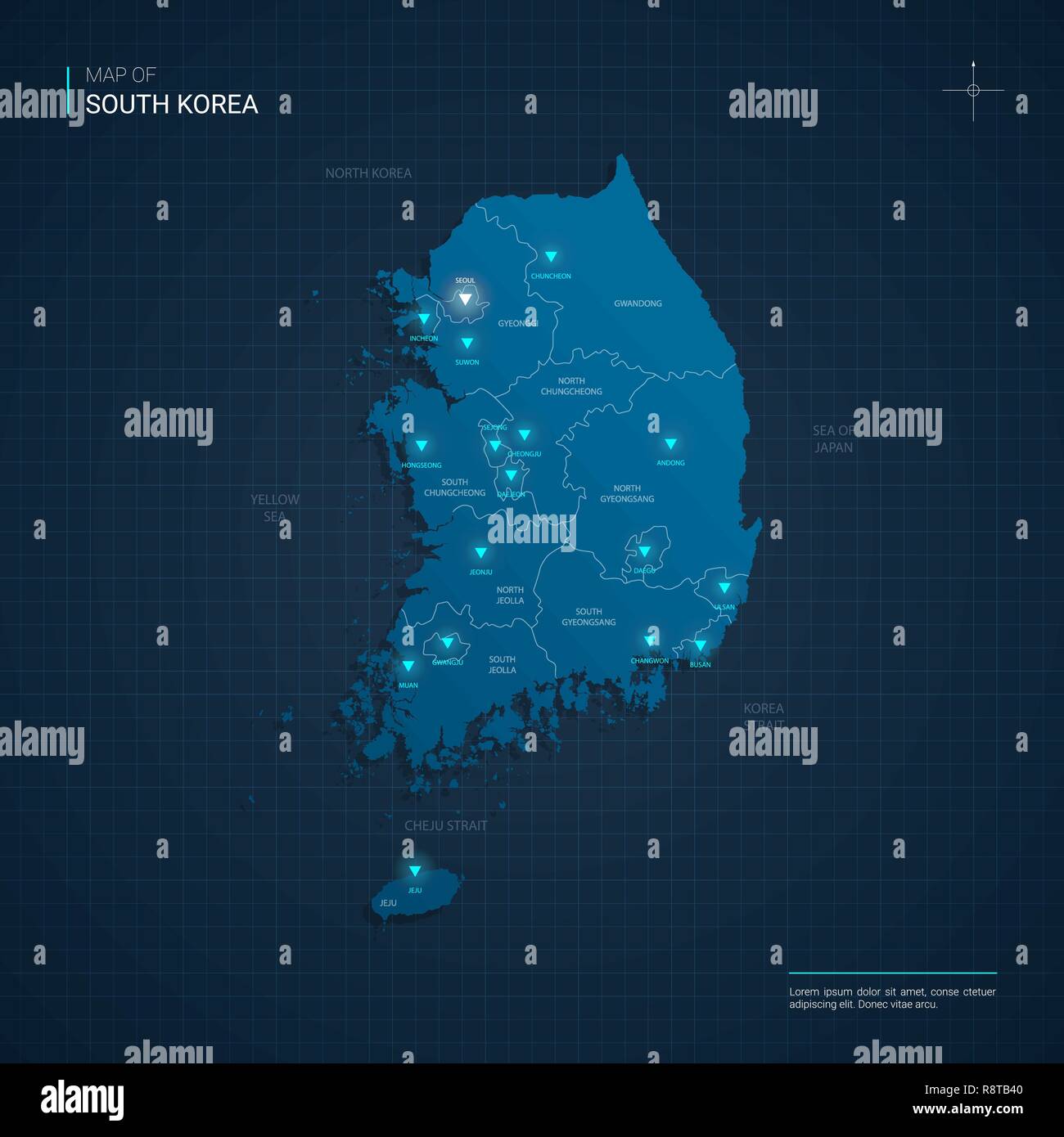 Vector South Korea map illustration with blue neon lightpoints - triangle on dark blue gradient background. Administrative divisions Stock Vector