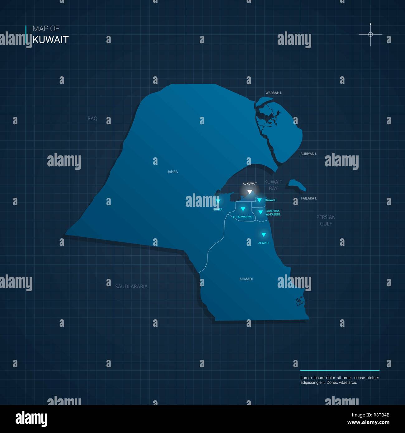 Vector Kuwait map illustration with blue neon lightpoints - triangle on dark blue gradient background. Administrative divisions Stock Vector