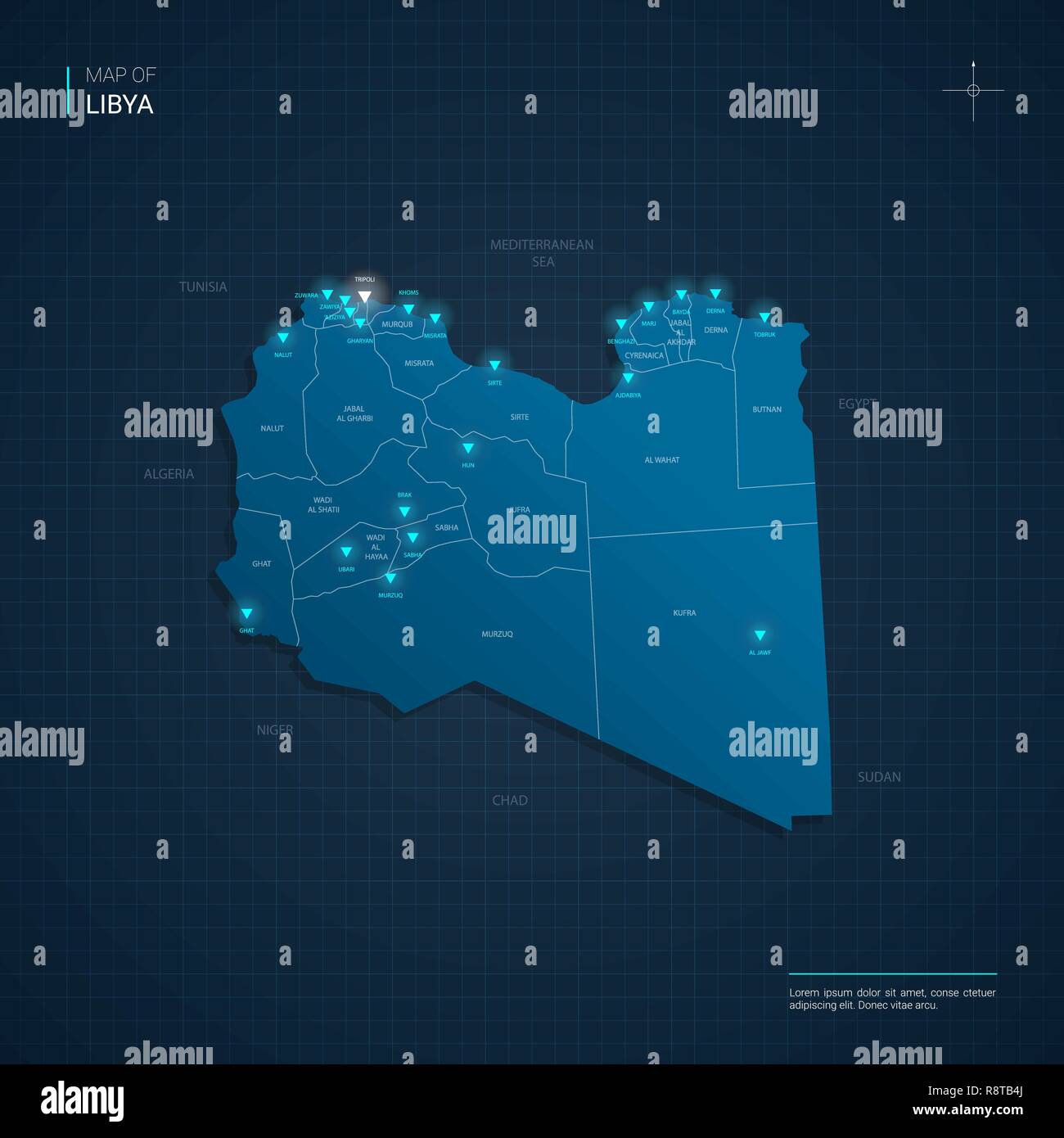 Vector Libya map illustration with blue neon lightpoints - triangle on dark blue gradient background. Administrative divisions Stock Vector